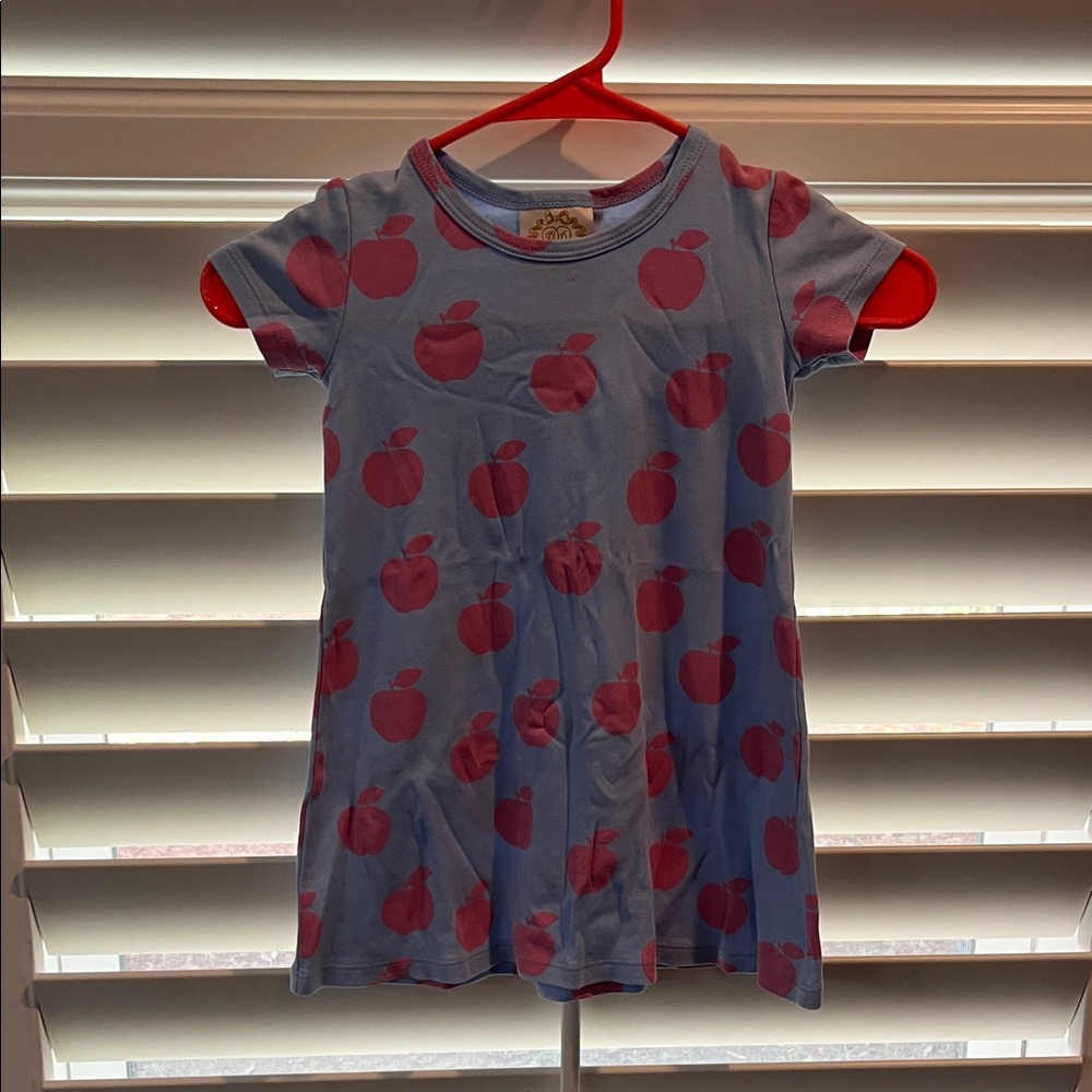 Blue Kids Dress with Pink Apple Print
